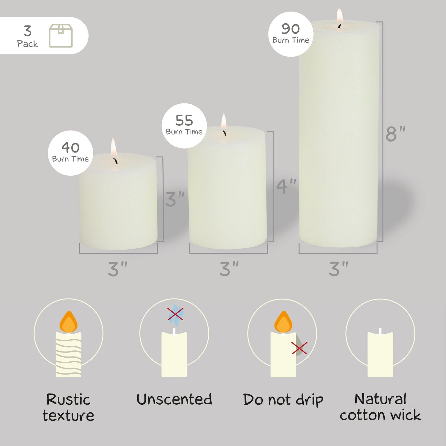 CANDWAX Ivory Pillar Mix - 3 cale, 4 cale i 8 cali