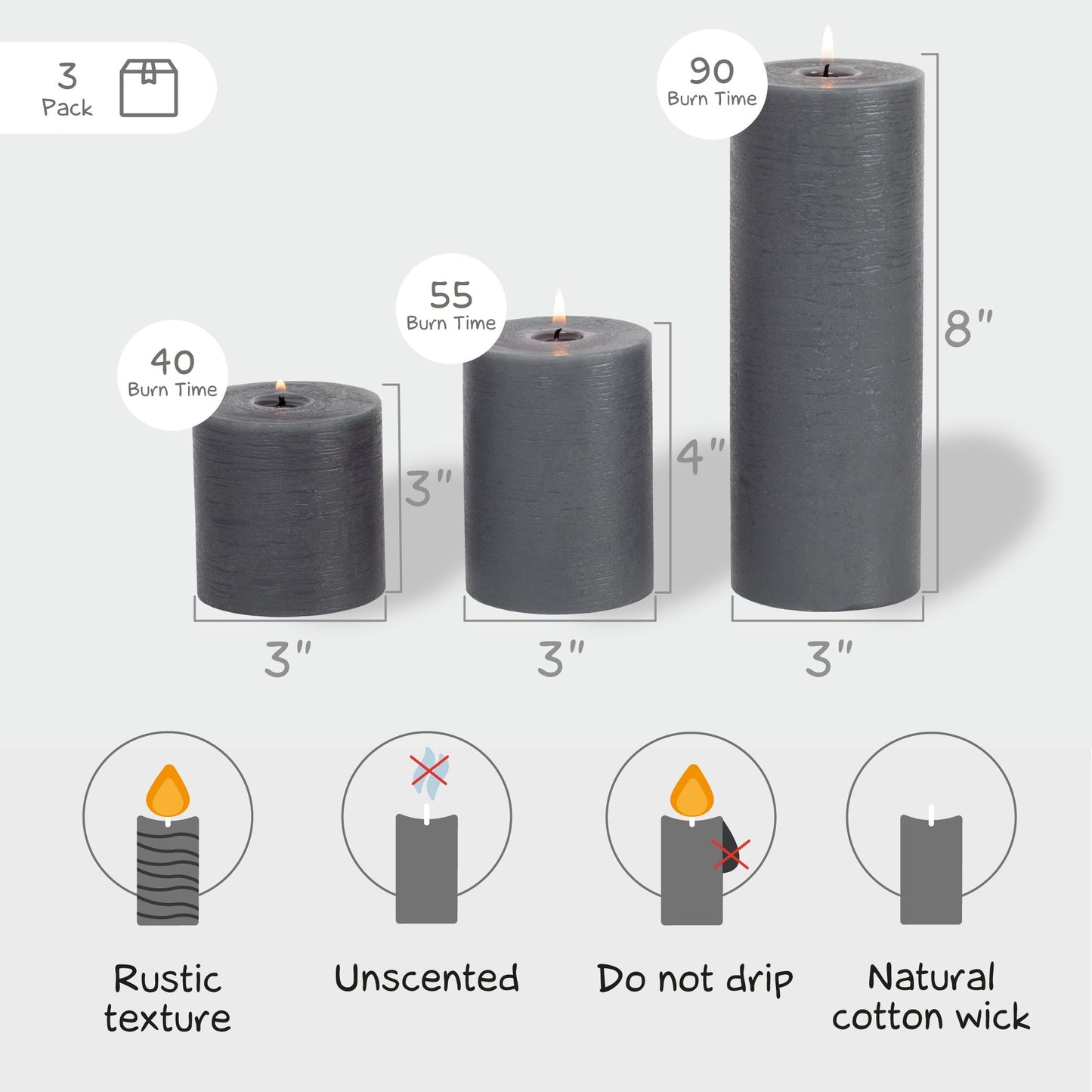 CANDWAX Gray Pillar Mix - 3 cale, 4 cale i 8 cali