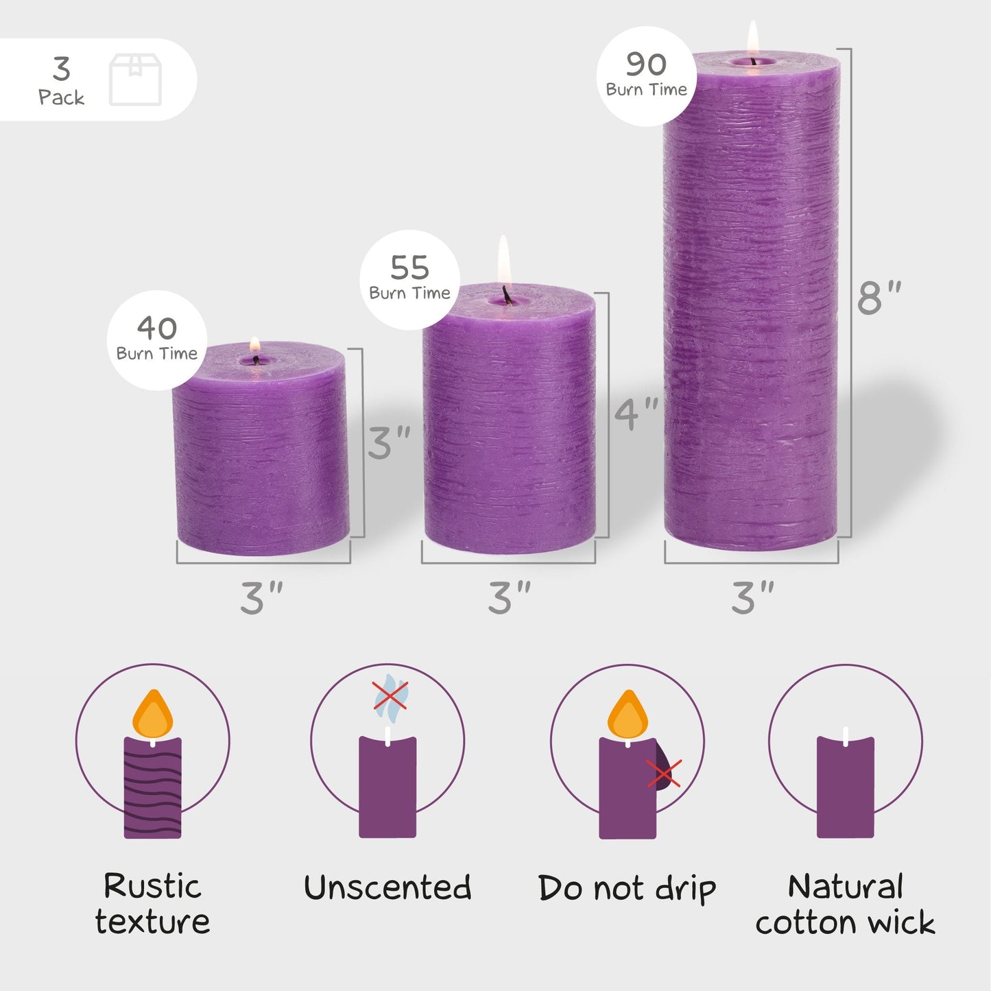 CANDWAX Fioletowy Pillar Mix - 3 cale, 4 cale i 8 cali