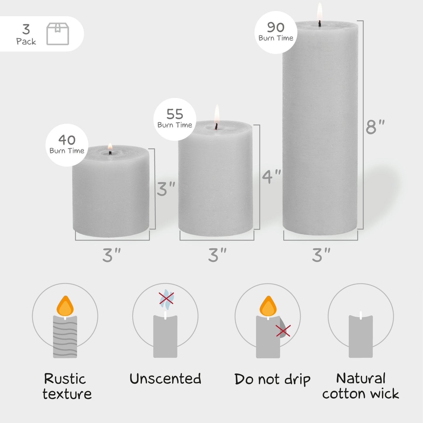 CANDWAX Light Gray Pillar Mix - 3 cale, 4 cale i 8 cali