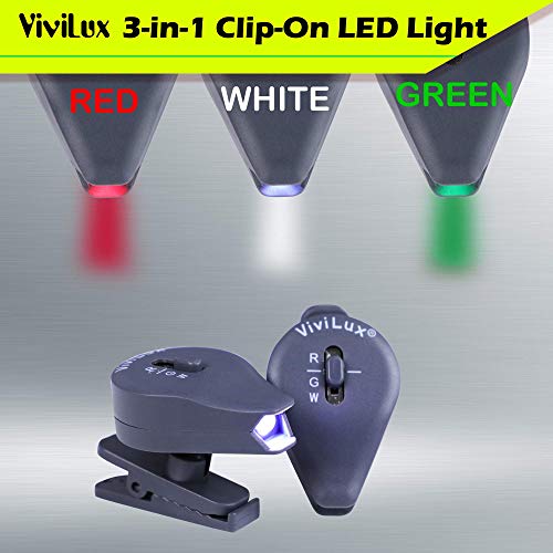 ViviLux 2 szt. 3 w 1, klipsowane diody LED z bialym, czerwonym i zielonym swiatlem; male i mocne swiatlo LED ” klipsy do okularow, czapek, ubran do majsterkowania, hobby i nocnej aktywnosci