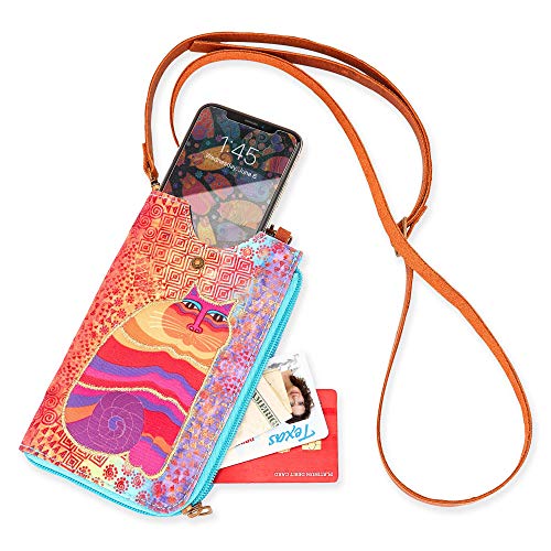 Laurel Burch Crossbody Cell Phone Purse - Damska bawelniana plocienna wielokolorowa torebka z regulowanym paskiem ze skory naturalnej (A. Cat Blue)