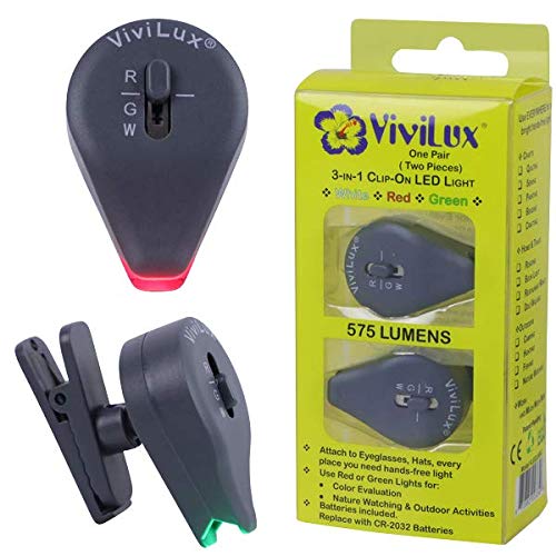 ViviLux 2 szt. 3 w 1, klipsowane diody LED z bialym, czerwonym i zielonym swiatlem; male i mocne swiatlo LED ” klipsy do okularow, czapek, ubran do majsterkowania, hobby i nocnej aktywnosci