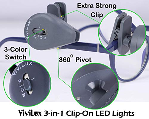 ViviLux 2 szt. 3 w 1, klipsowane diody LED z bialym, czerwonym i zielonym swiatlem; male i mocne swiatlo LED ” klipsy do okularow, czapek, ubran do majsterkowania, hobby i nocnej aktywnosci