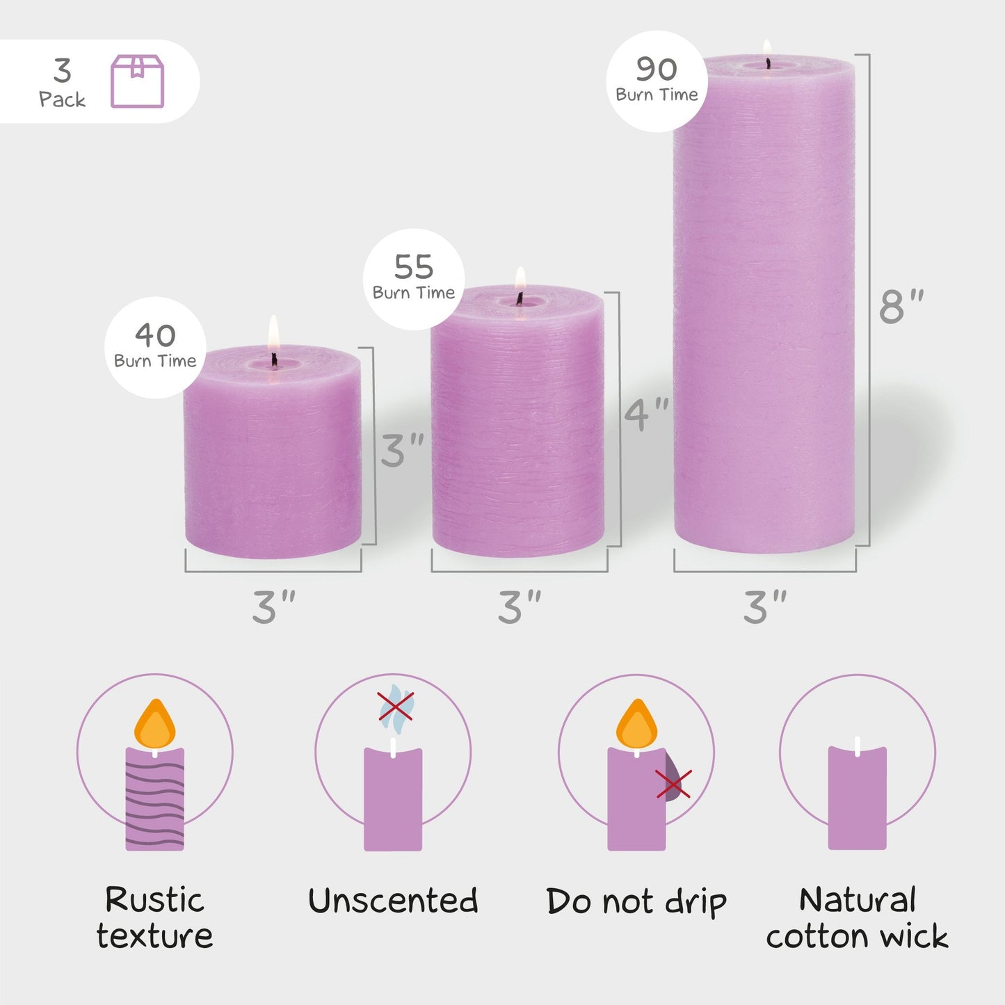CANDWAX Lilac Pillar Mix - 3 cale, 4 cale i 8 cali