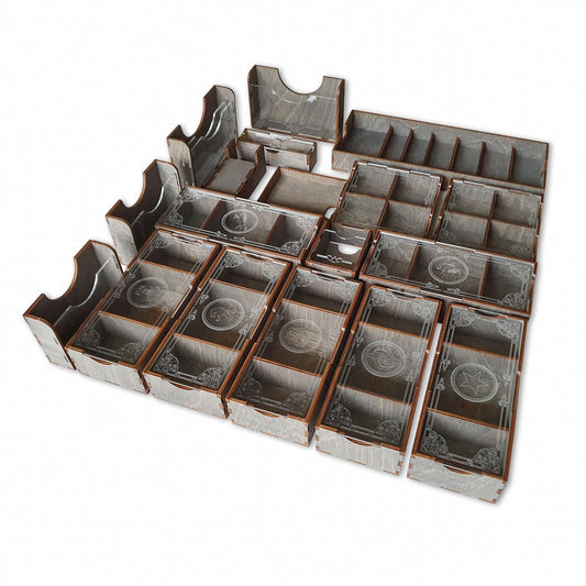 Wooden game organizer for Scythe (base game), Scythe expansion - "Invaders from Afar" and all promo cards.