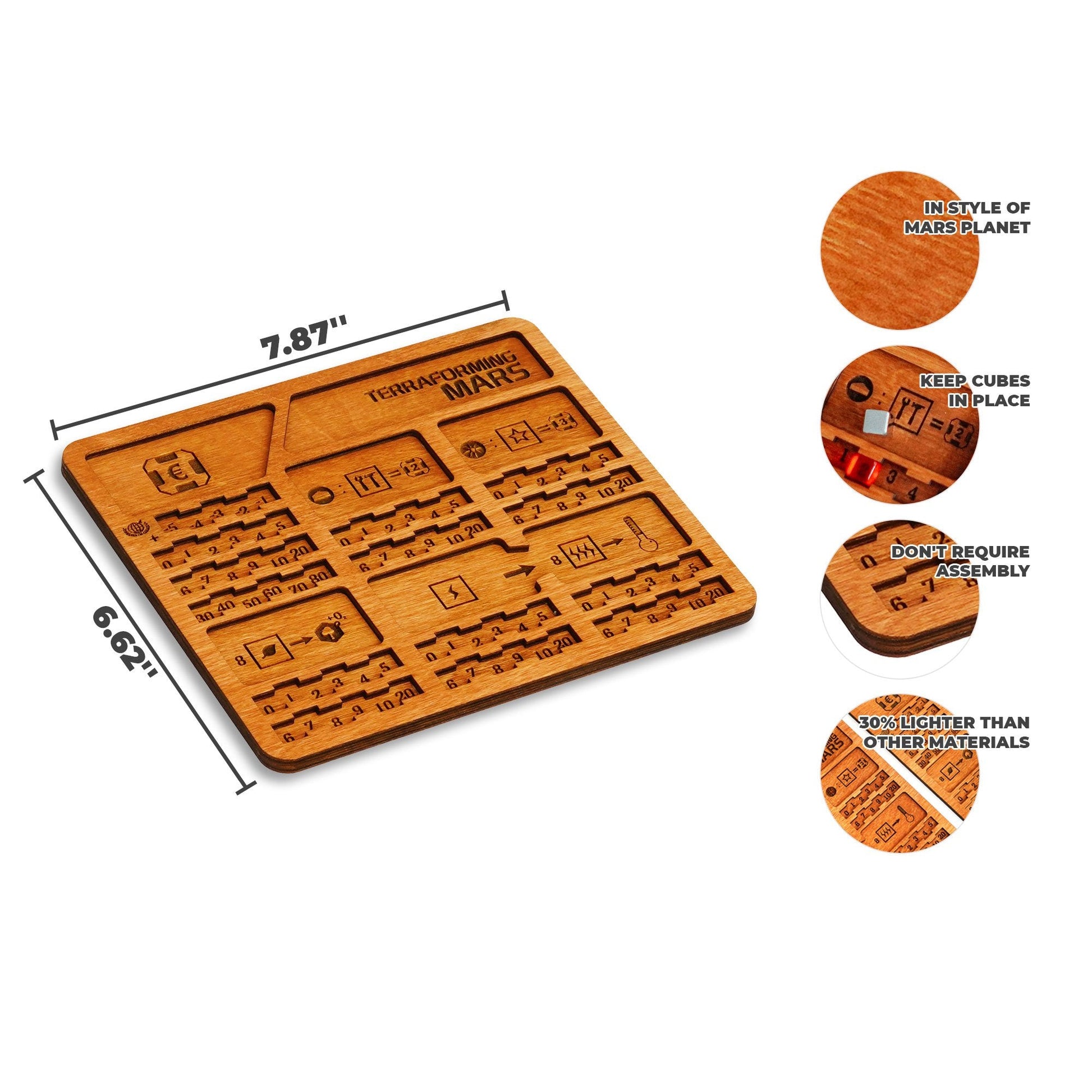 Terraforming Mars player boards by Smonex are made of high quality plywood.